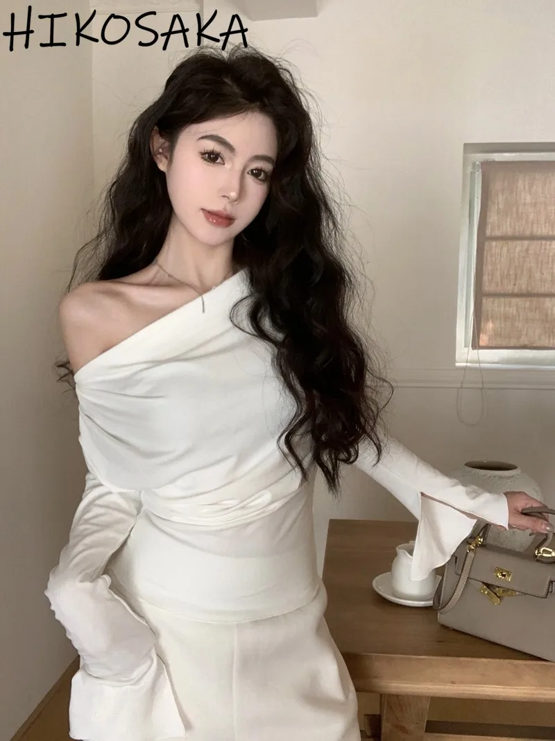 Pleated Off Shoulder Skew Collar White Tshirt Korean Chic Casual Split Sleeve Y2k Top Aesthetic E-girls Women Clothing Spring