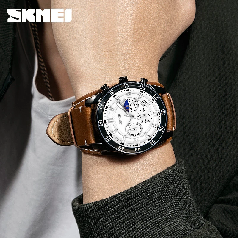 SKMEI Fashion Men's HD Luminous Watch, Multifunction Six-Hand Waterproof Leather Quartz Watch for Male Students