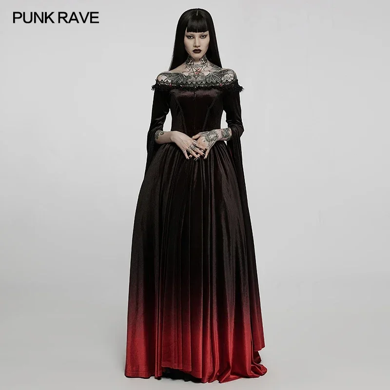 

PUNK RAVE Women's Gothic Gradient Velvet Nobility Long Gown Off Shoulder Dreamy Distinctive Split Sleeves Party Club Dress