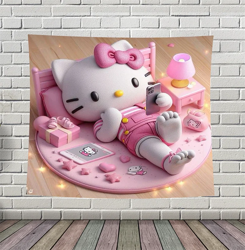 Hello Kitty Tapestry Wall Hanging Kawaii Cartoon Polyester Fiber Home Decor Y2k Pink Room Accessory for Children Birthday Gifts