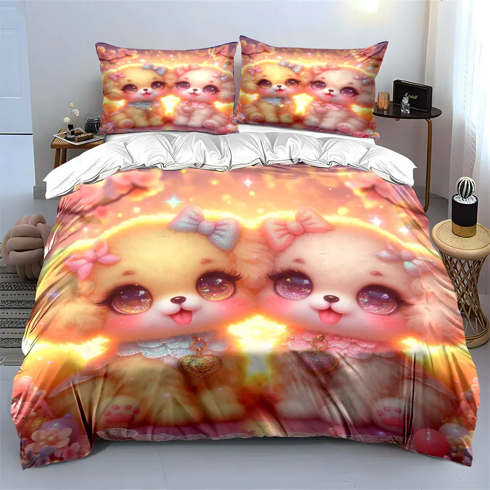 Two curly-haired puppies wearing bows Duvet Cover Set with 3D Printing Design Soft Polyester Bedding Set All-Season Comfort