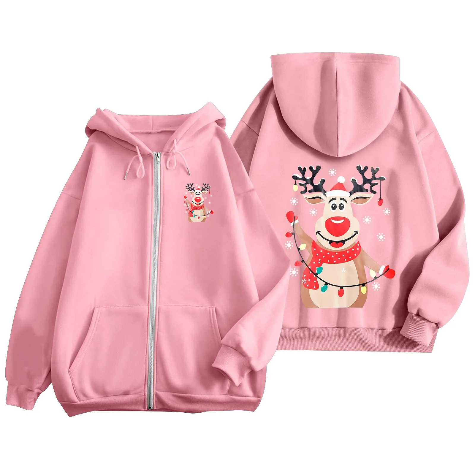 Women's Sweatshirts Christmas Reindeer Print Zipper Drawstring Hoodie Casual Loose Warm Comfortable Coat Female Autumn Winter