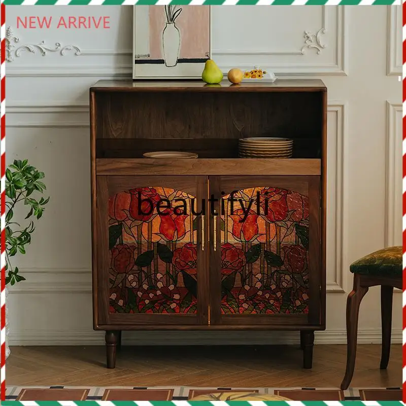 

D2520 Black walnut solid wood living room home cabinet retro dining side storage cabinet locker