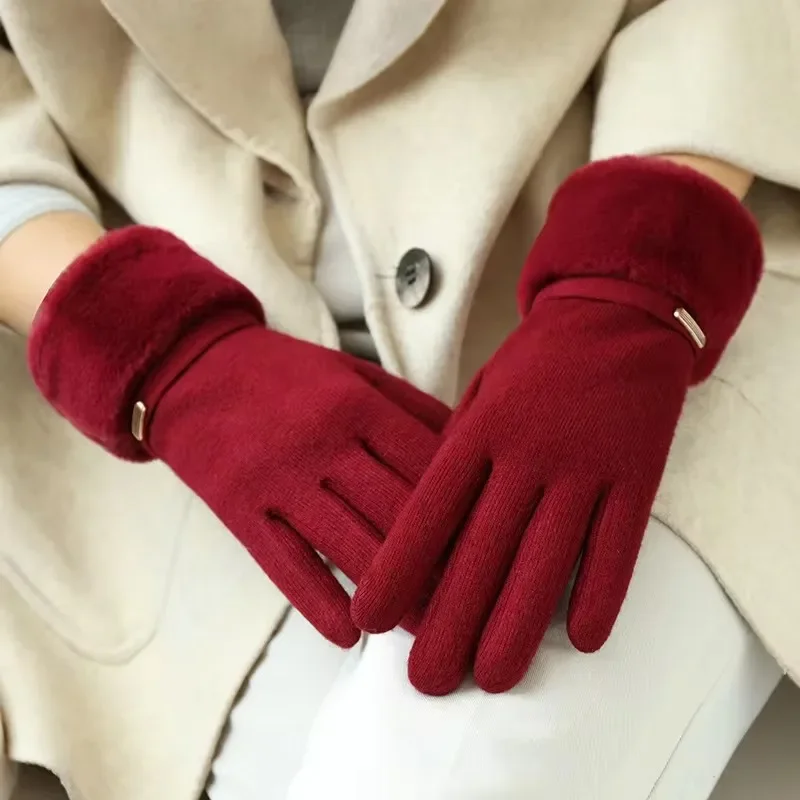 Winter Women Keep Warm Plus Velvet Touch Screen Thicken Plush Wrist Suede Gloves Fashion Personality Elegant Drive Cycling