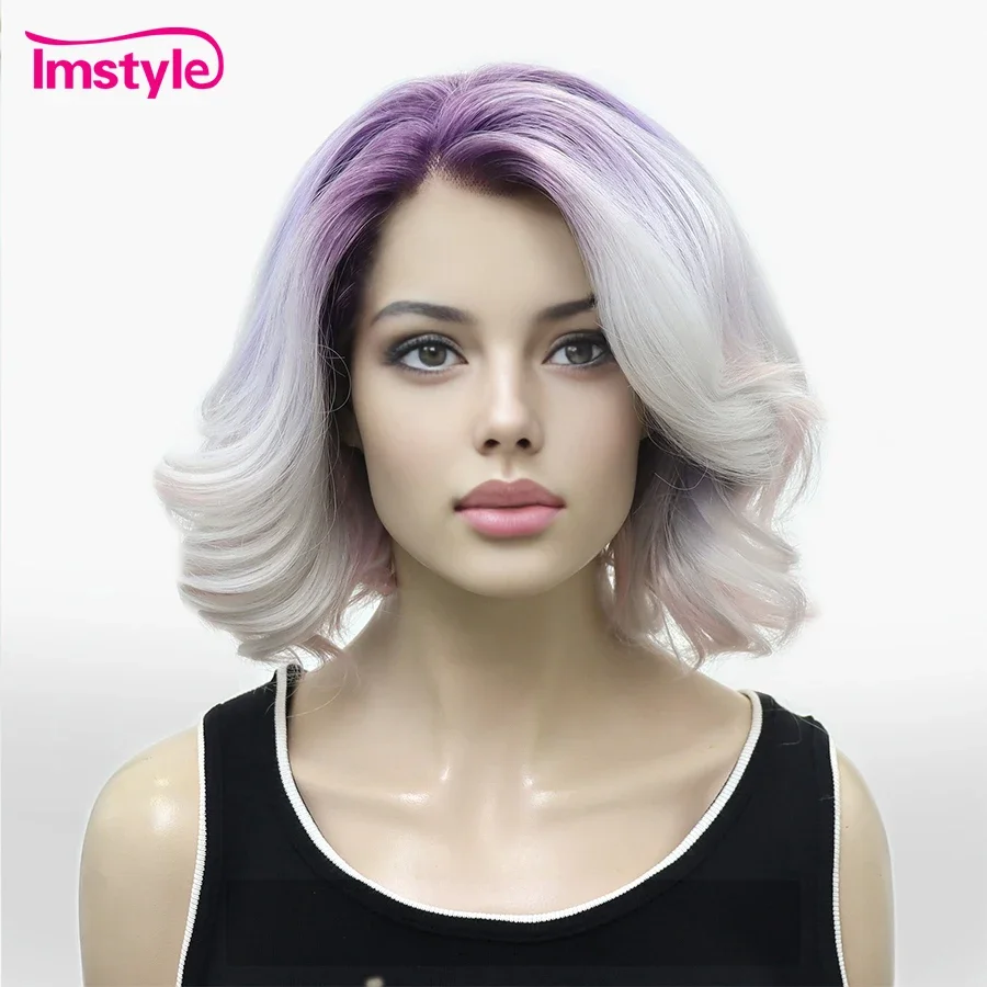 

Синтетический парик Imstyle Short Bob с кружевной передней частью, омбре, фиолетовый, для женщин, термостойкое волокно, с темными корнями, для косплея