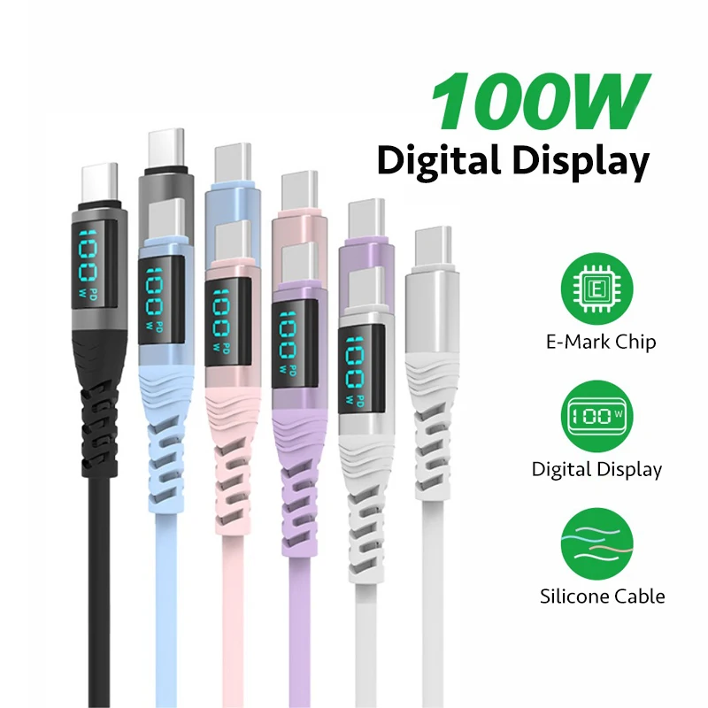 

Кабель USB C-C на C, 100 Вт, 5 А, PD, зарядное устройство для быстрой зарядки, Тип C, светодиодный дисплей, силиконовый провод для Macbook, Xiaomi, Huawei, Samsung, Iphone 15