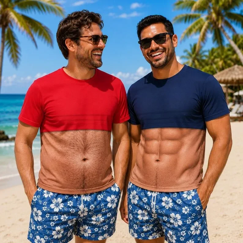 New Dad Figure T-shirt Men's Fake Chest Hair Lifting Clothes Printed T-shirt Hawaiian Style T-shirt Tropical Beach T-shirt