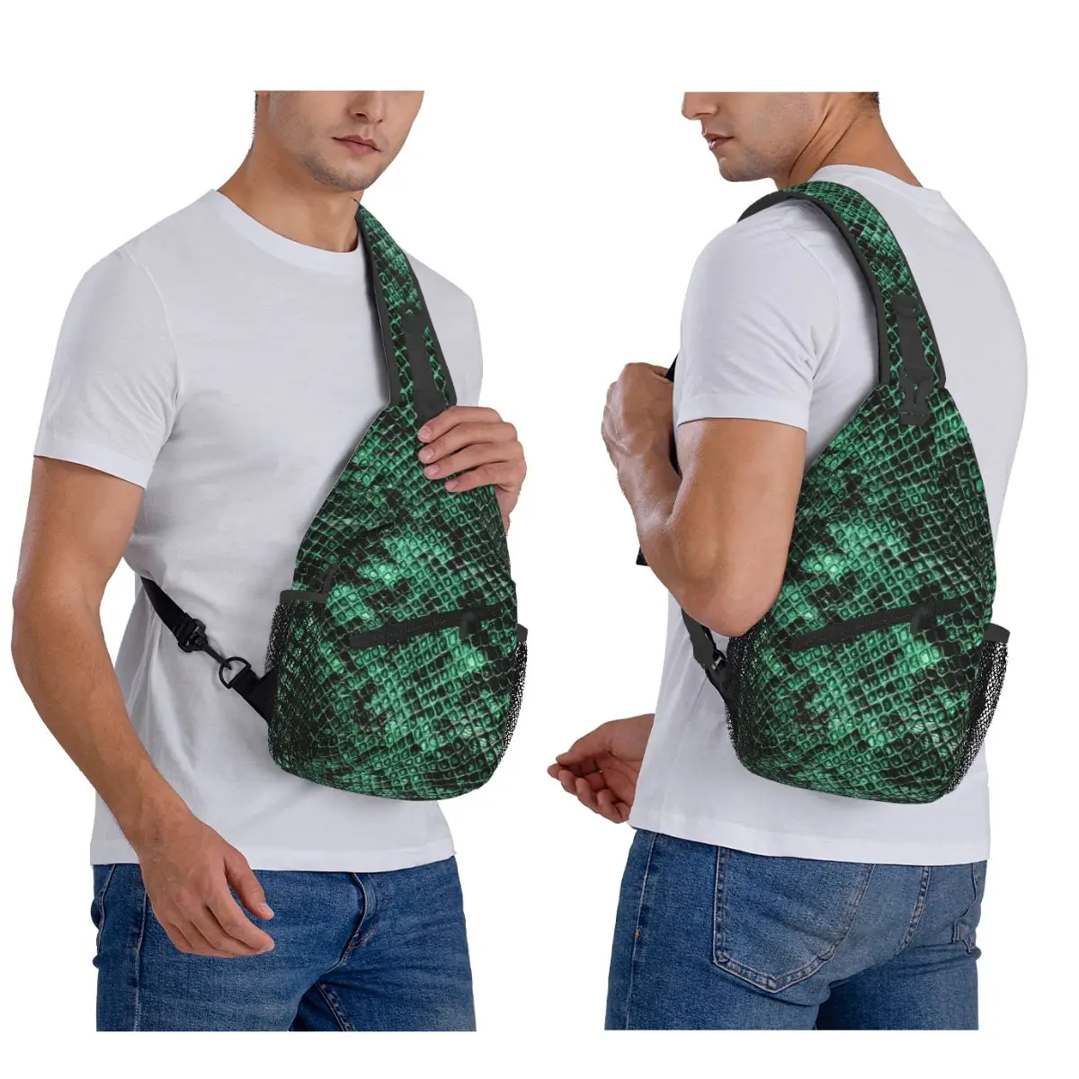 Snake Skin Reptile Chest Bag Men Sling Crossbody Backpack Chest Bag Travel Hiking Daypack Shoulder Bag