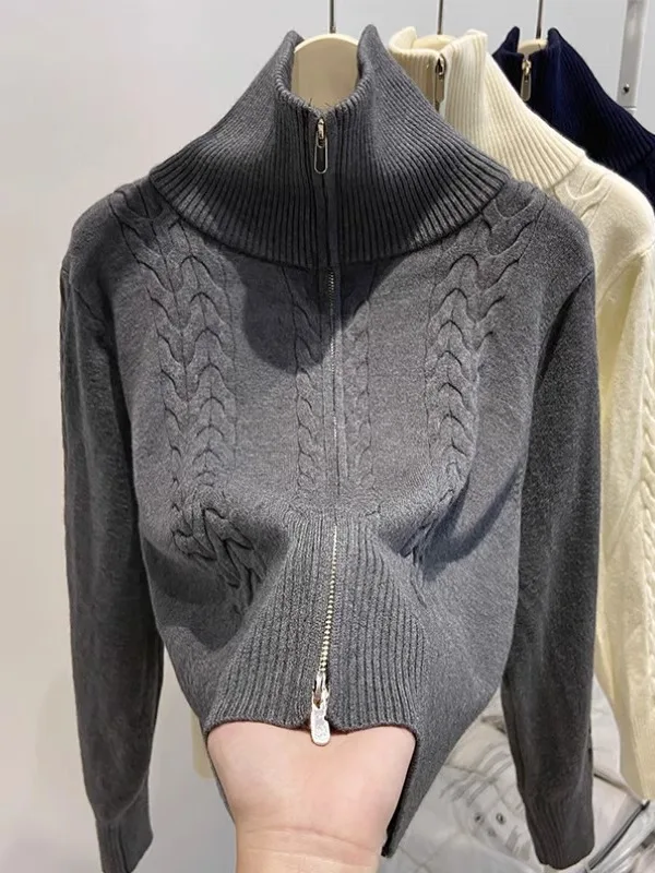 

Ретро-кардиган в американском стиле с двойной молнией, вязаный, женский, свободный, мягкий, осенне-зимний, новый, повседневный, для работы, цельный.