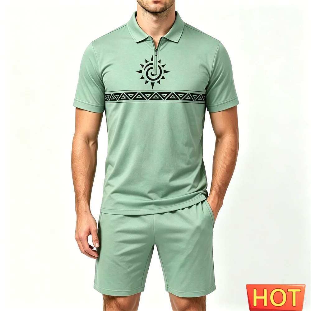 Fashion Zip Polo Shirt Men's Set Summer Loose Short Sleeve Top and Shorts 2 Piece Casual Comfortable Man Outfit Hip Hop Clothing view 5
