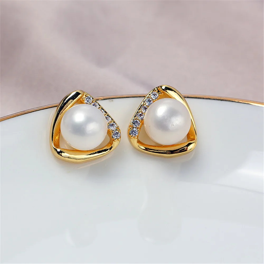 

Domestic Copper 14K Gold Wrapped Geometric Zircon Pearl Stud Earrings S925 Silver Pin Zhenkong Tuo DIY Accessories Women