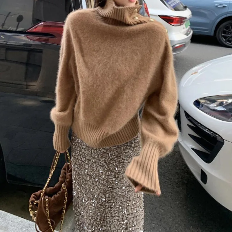 

Women Knitted Pullovers Sweaters Solid Jumpers Button Turn Down Collar Long Sleeves Loose Casual Office Lady 2025 Autumn Winter