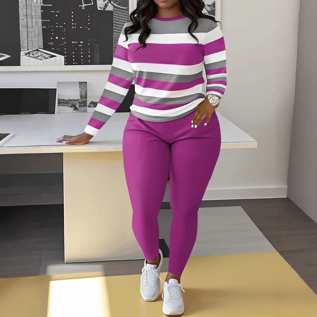 Abiti casual femminili Autunno New Fashion Stripes O-Collo Pullover Top e pantaloni Set da 2 pezzi per le donne 2025 Abiti donna Y2K Mujer