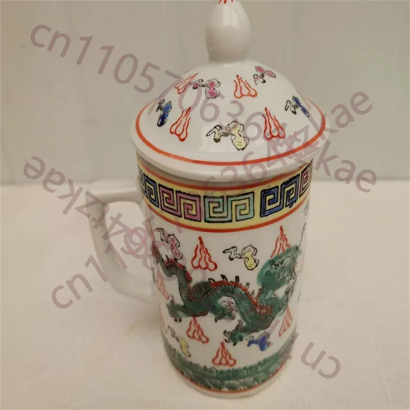Chinese Old Porcelain Cup Pink Green Dragon Patterned Covered Teacup Ceramic Drinkware for Tea Lovers