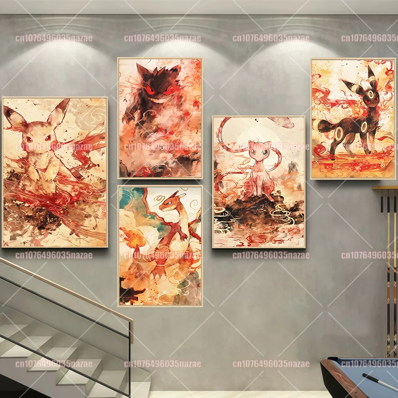 

Anime Pokemon Canvas Painting Pikachu Eevee Charizard Posters and Prints Watercolor Wall Art Pictures Home Decor Kids Gifts