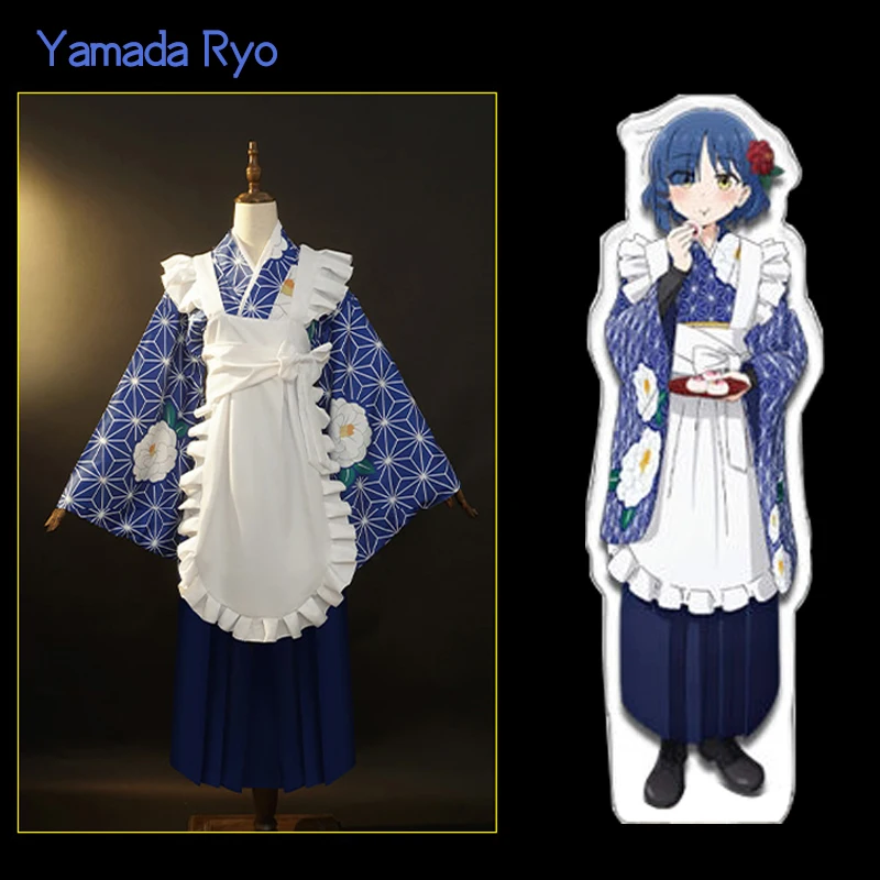 The Anime Bocchi the rock cos Yamada Ryo cosplay Japanese Retro prints kimono Maid Women waitress costume B