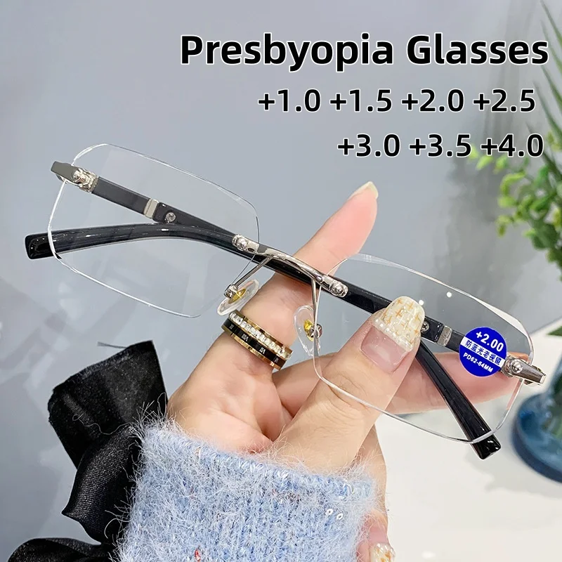 

Men's Business Frameless Presbyopia Glasses Classic Premium Cut Edge Glasses Blue Light Blocking Eye Protection Diopter To +4.0