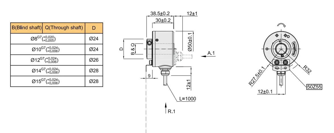 HENGXIANG Incremental Rotary Hollow Shaft Encoder K50-T6E600Q10D DC5-30V Other Output 600ppr Spring Plate Mounting Equal