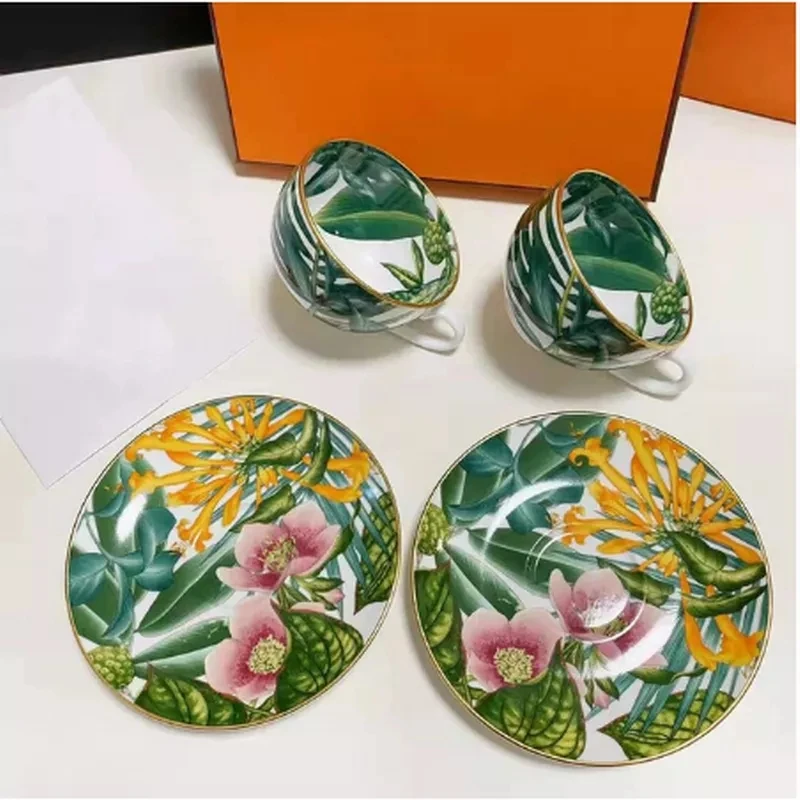 Elegant style catering bone china cup multi-style simple ceramic coffee cup and saucer dish with pattern set 2 set with box