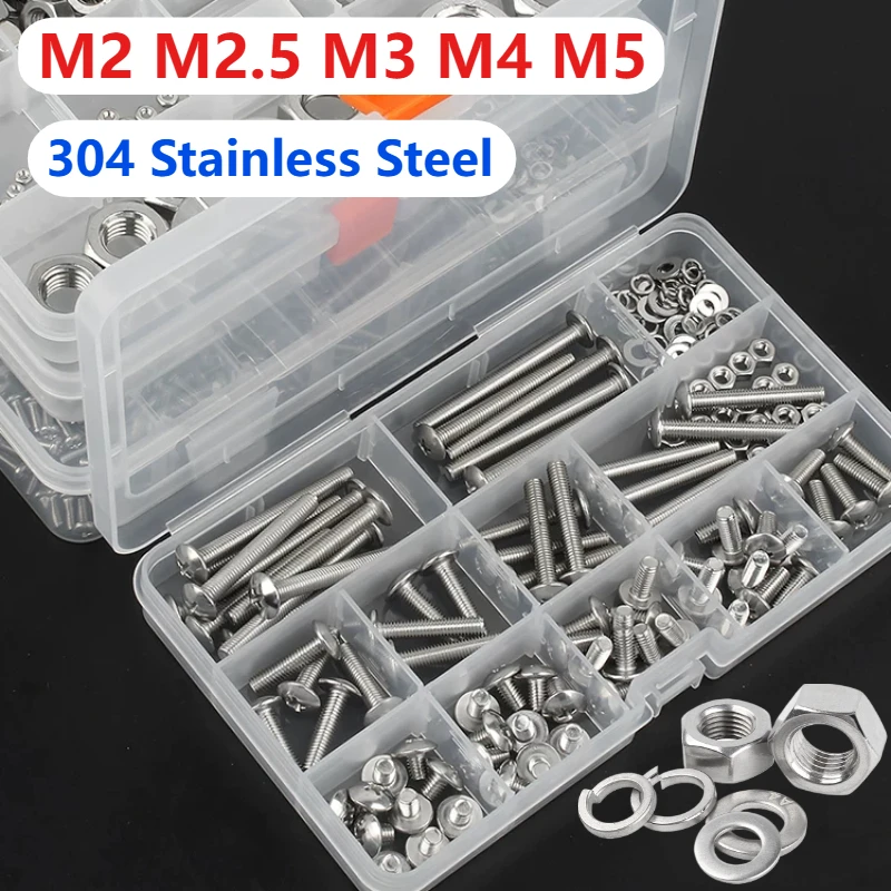 M2-M5 304 SS Cross Large Flat Head Screw Mushroom Head Screws Nuts Washers Assortment Kit for DIY Home Repair Industrial Use