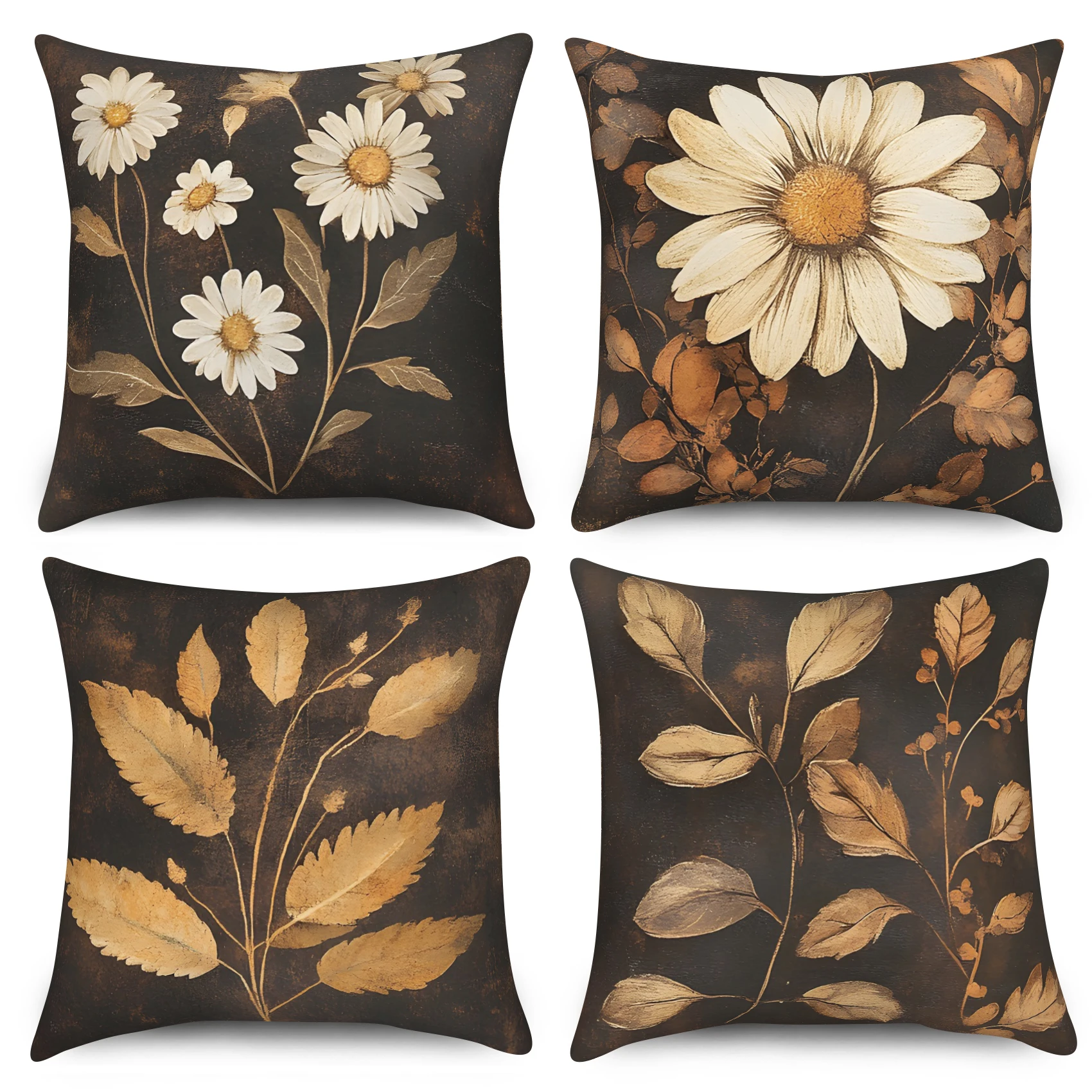 Retro Botanical Leaf Cushion Covers Dark Flower Pillow Cases Polyester Linen Vintage Floral Print Throw Pillows for Sofa Couch