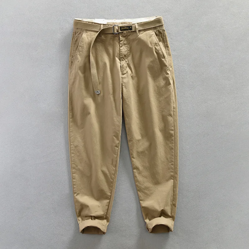 

Korean Style Cargo Pants Men Casual Work Pants Man Comfort 98% Cotton Full Length Khaki Pants with Belt Simple Straight Trousers