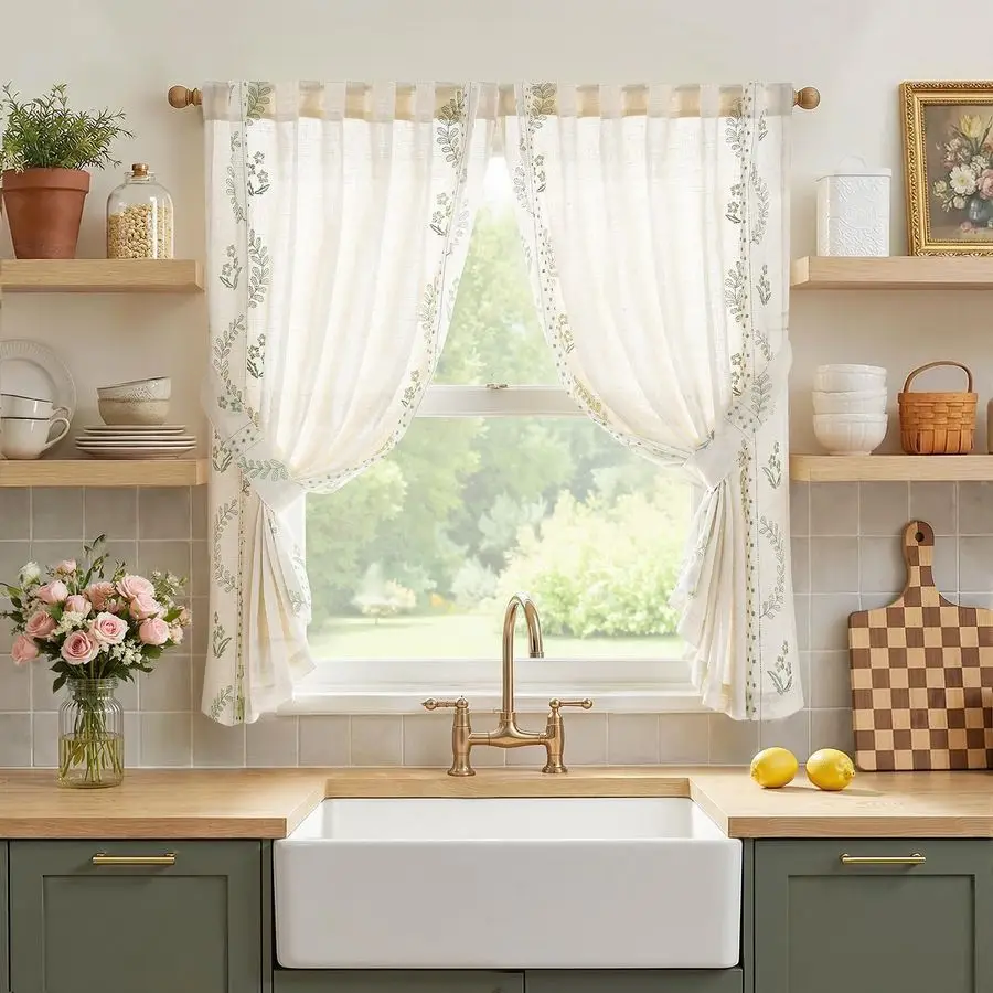 

Льняные шторы Belrose с цветочным узором, 45 дюймов, вышитые, в стиле фермерского дома, для кухни, спальни, ванной комнаты, маленьких окон