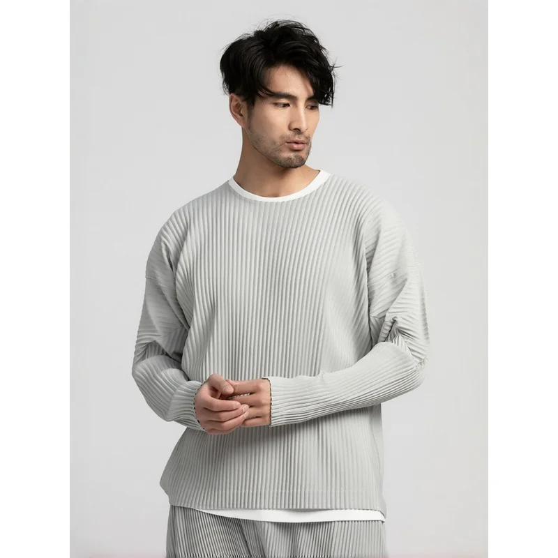 Miyake Pleated Shirt Men Long Sleeve T Shirt Casual Loose Fit Round Neck Tops Japanese Style Streetwear Breathable Pullover — купить у AliExpress WW