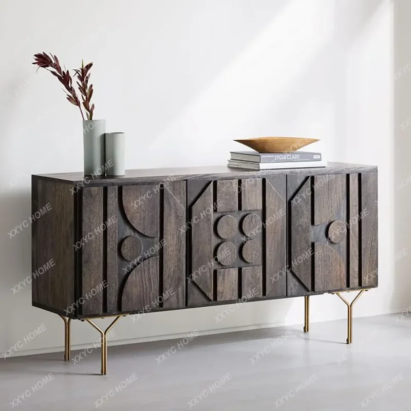 L retro solid wood TV cabinet geometric carved dining side cabinet living room locker