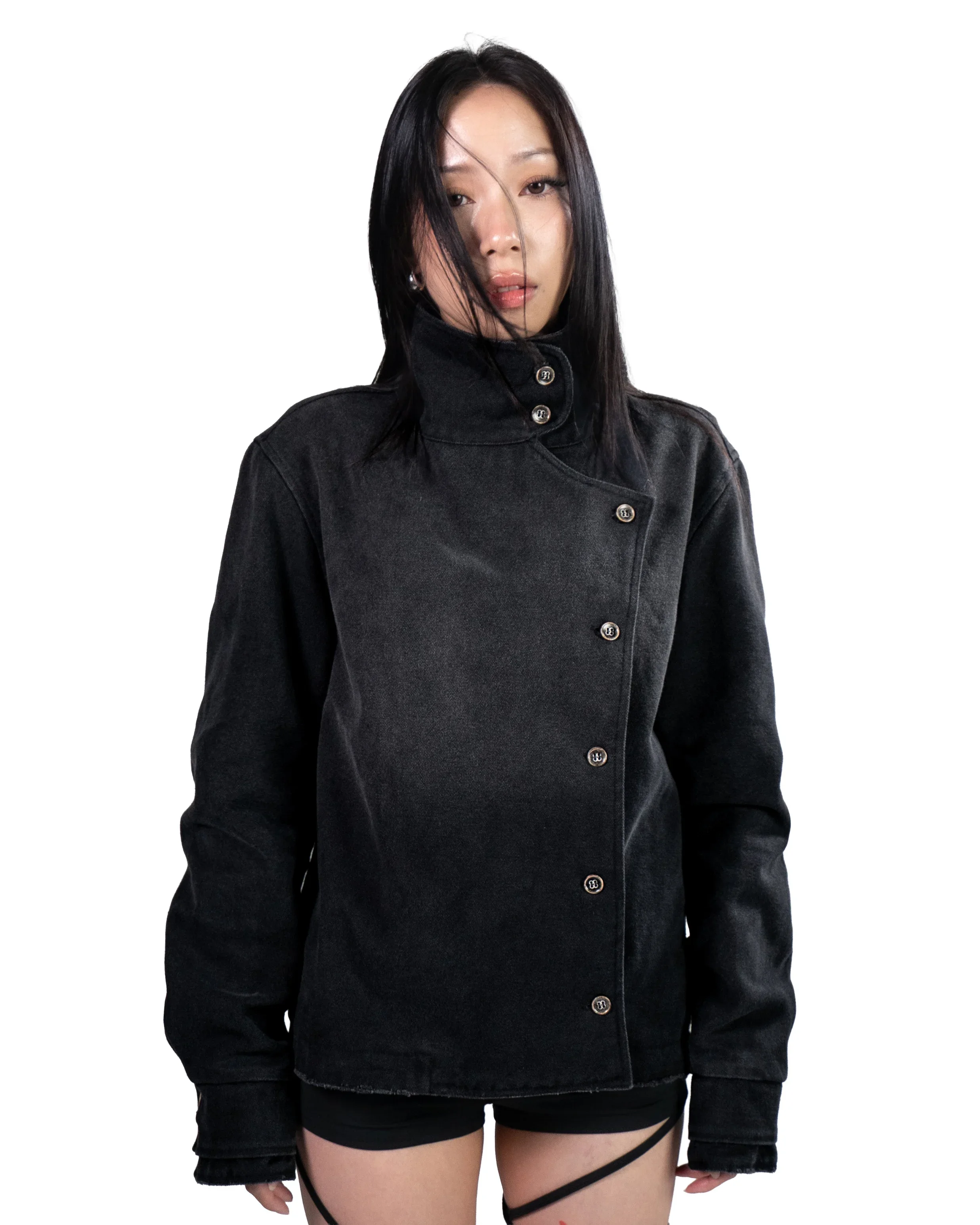 Unisex Y2K Fechtjacke Vintage-Waschung Farbverlauf Unregelmäßige Knöpfe Gothic Harajuku Streetwear Canvas Baumwolle Freizeitmantel – Detail 3