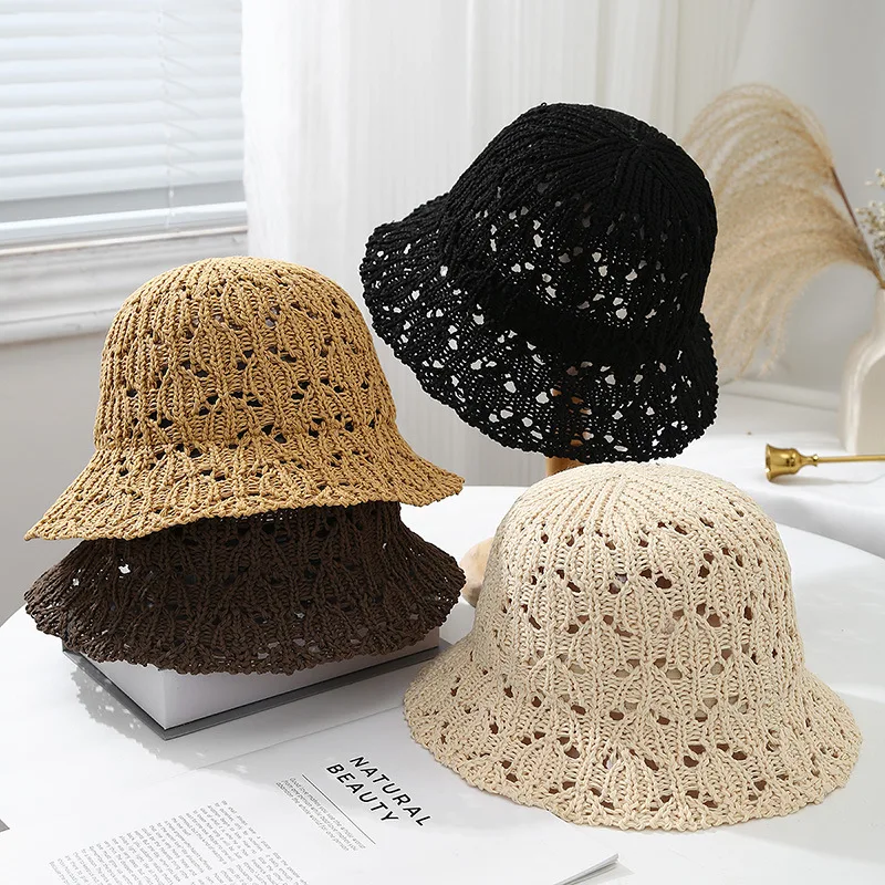 Gestrickter Damen-Eimerhut für Frühling und Sommer – atmungsaktiver einfarbiger Sonnenhut, lässiges minimalistisches Design für Outdoor-Reisen, täglich