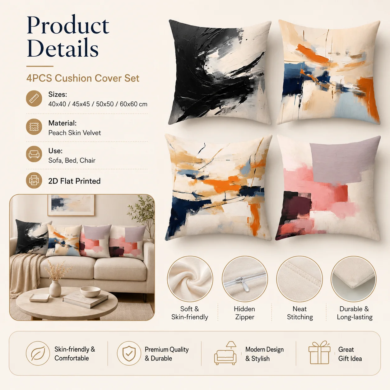 4Pcs 2D Flat Printed Coussin Art Cushion Covers Peach Skin Abstract Geometric Room Decor Minimalist Pillowcases view 4