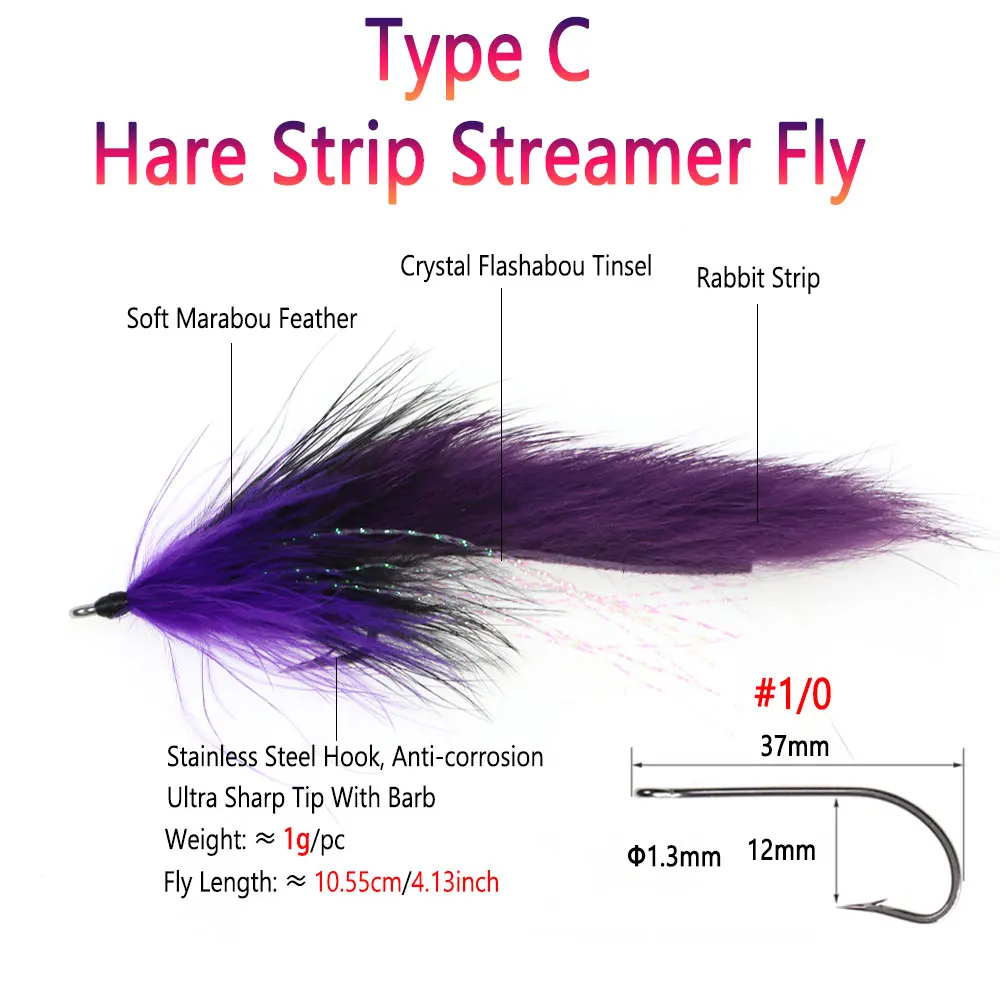 Bimoo 2pcs 1/0 Dumbbell Bead Eyes Marabou Streamer Fly Hare Strip Streamer Trout Pike Steelhead Musky Saltwater Fishing Lures