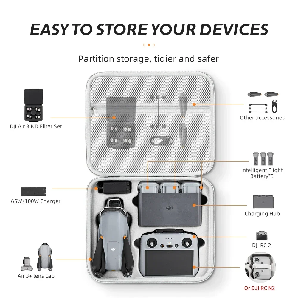 XFJI Portable Carrying Case for DJI Air 3/Air 3S Storage Box DJI Air3S Hard Case Drone Accessories Handbag PU Splash-proof Bag