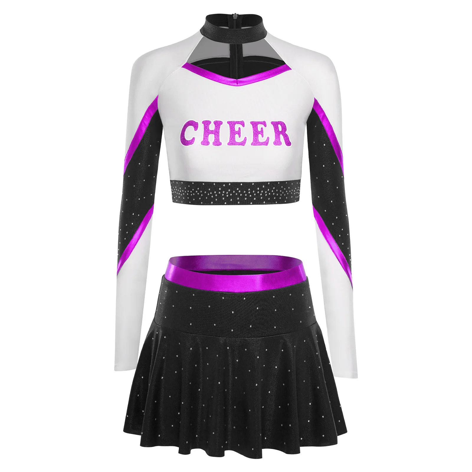 

Cheerleading Contrast Color Outfit for Womens Hollow-Out Design Metallic Shine Crop Top with A-Line Skirt for Dance Parties
