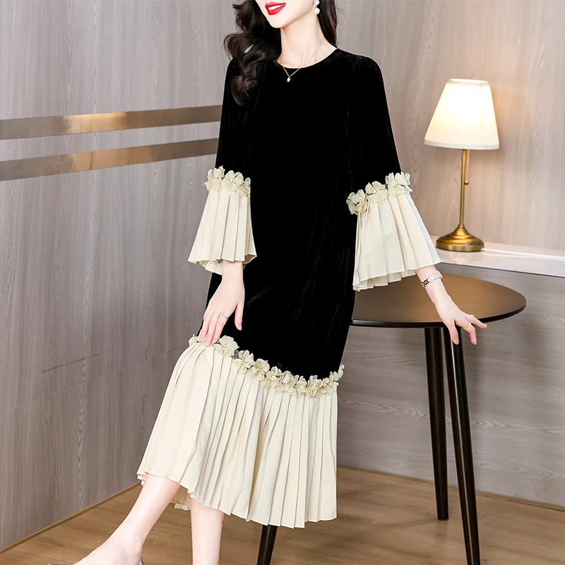 2024 Autumn New Women's Korean Vintage Splicing Velvet Flower Decorative Long Sleeve Dress Knee length A-line Skirt