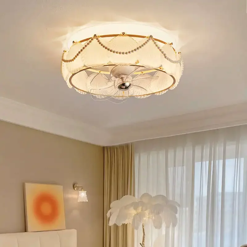 2025 Modern Oscillating Ceiling Fan Light French Cream Style Creative Feather Shell Smart Home Living Room Bedroom Dining Room L