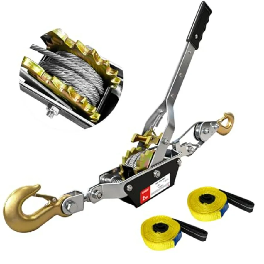 

Лебедка тросовая усиленная 2-тонная с 1 стропом 8 футов и двойной передачей для эвакуационного оборудования, серебристая сталь, с 2 крюками, тяговое устройство 7 футов