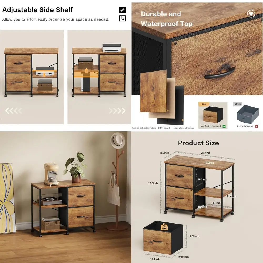 

Rustic Brown Rolling Printer Stand with Open Storage Shelf for Home Office