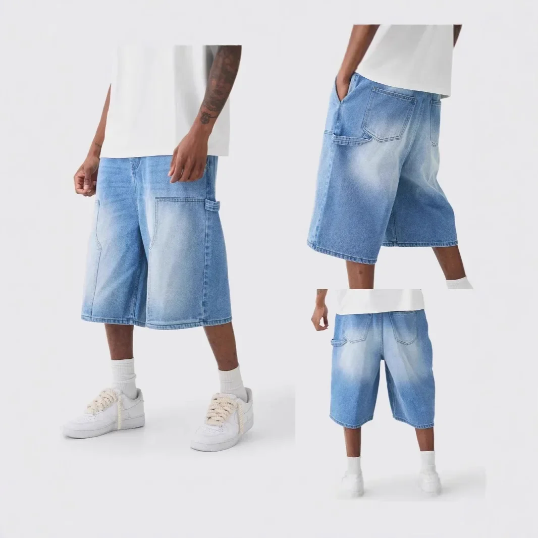 

Jeans Shorts Men Strecth Knee Length Washed Vintage Distressed Pockets 2025 Summer Short Pants Loose Straight Denims Streetwear