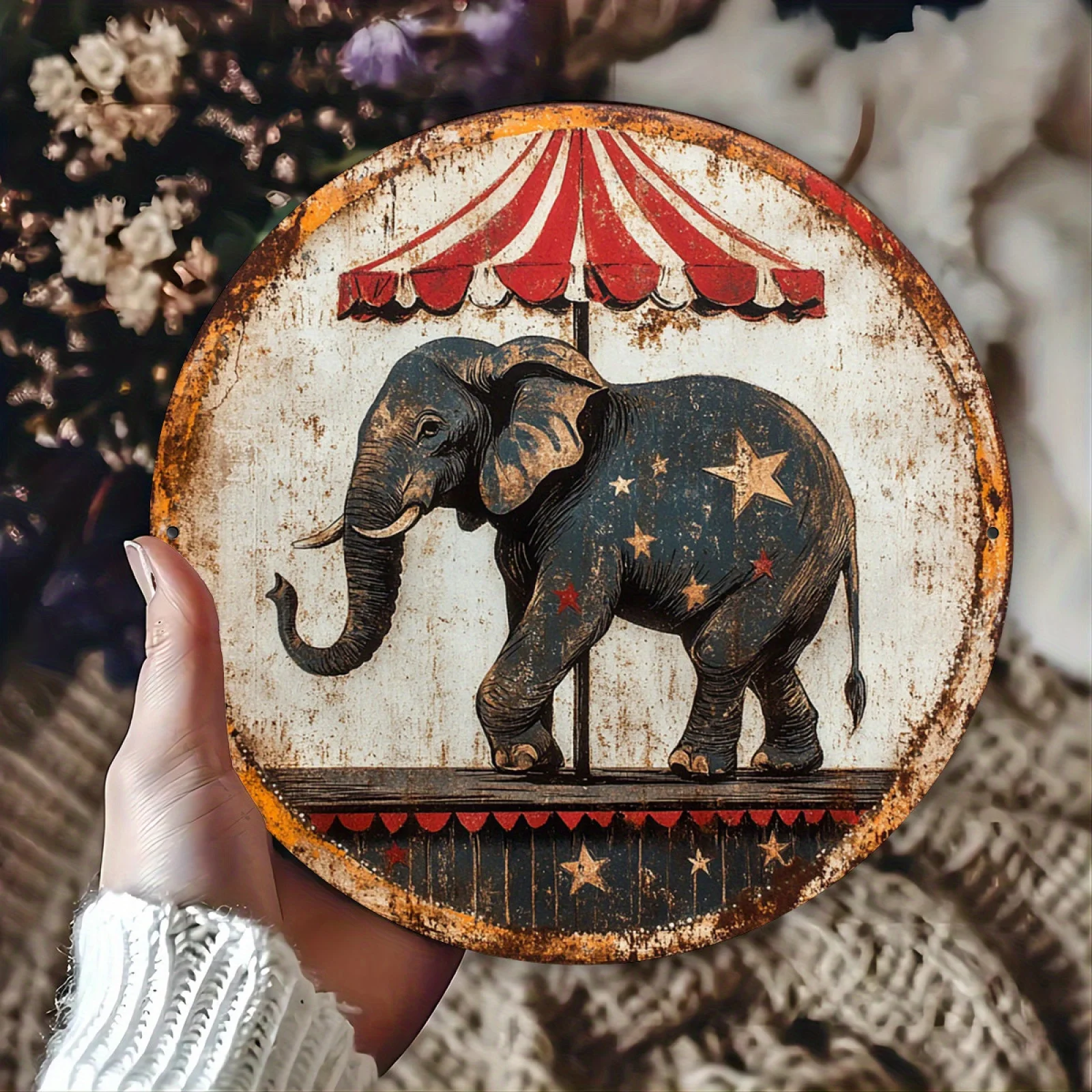 2D Flat, Vintage Circus Wall Art with Elephant & Stars Stripes - Retro Metal Carnival Decor, 20x20cm (8