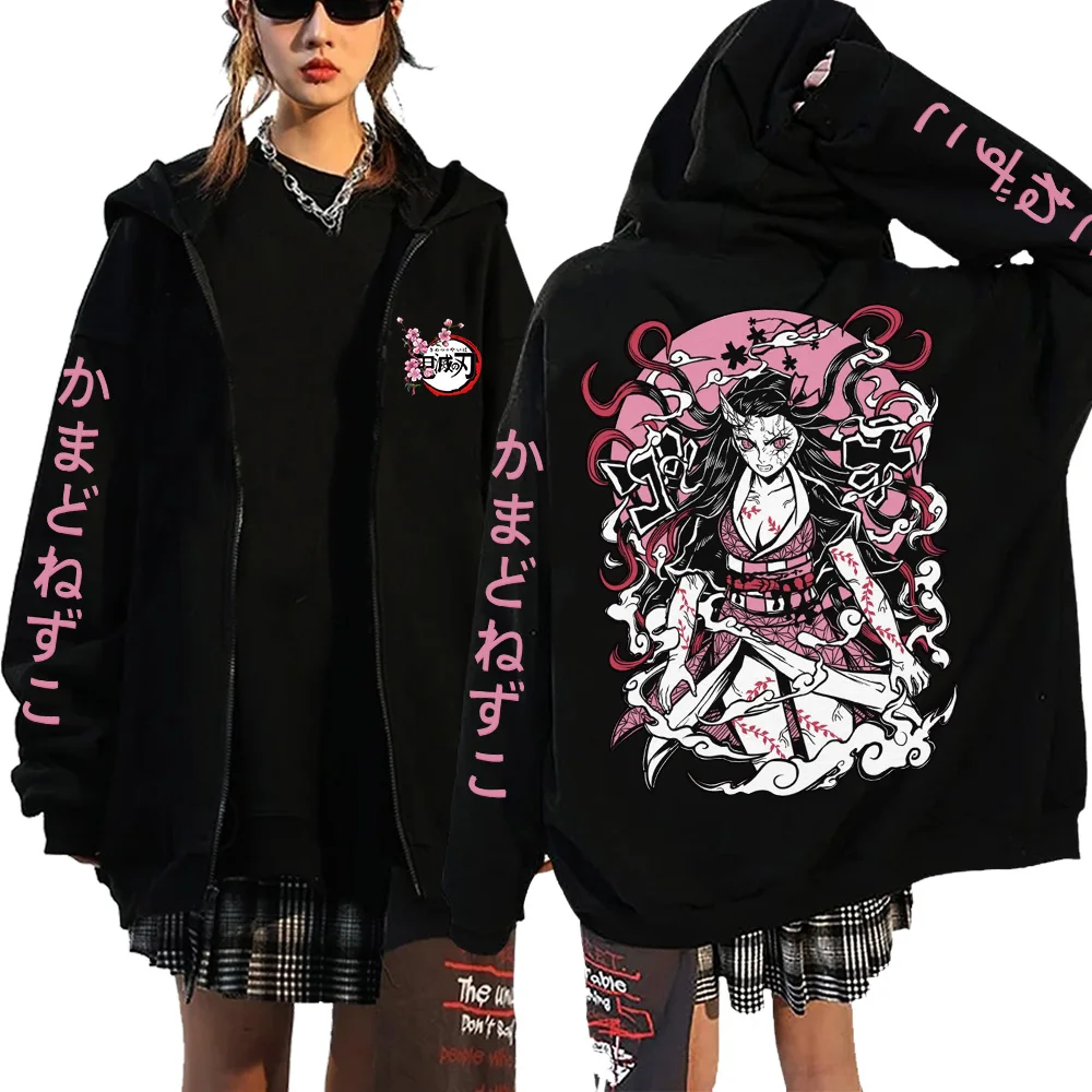 Janpan Anime Demon Slayer Nezuko Kamado Zip Up Hoodies Unisex Hip Hop Streetwear Y2K Oversize Zipper Jacket Coats Loose