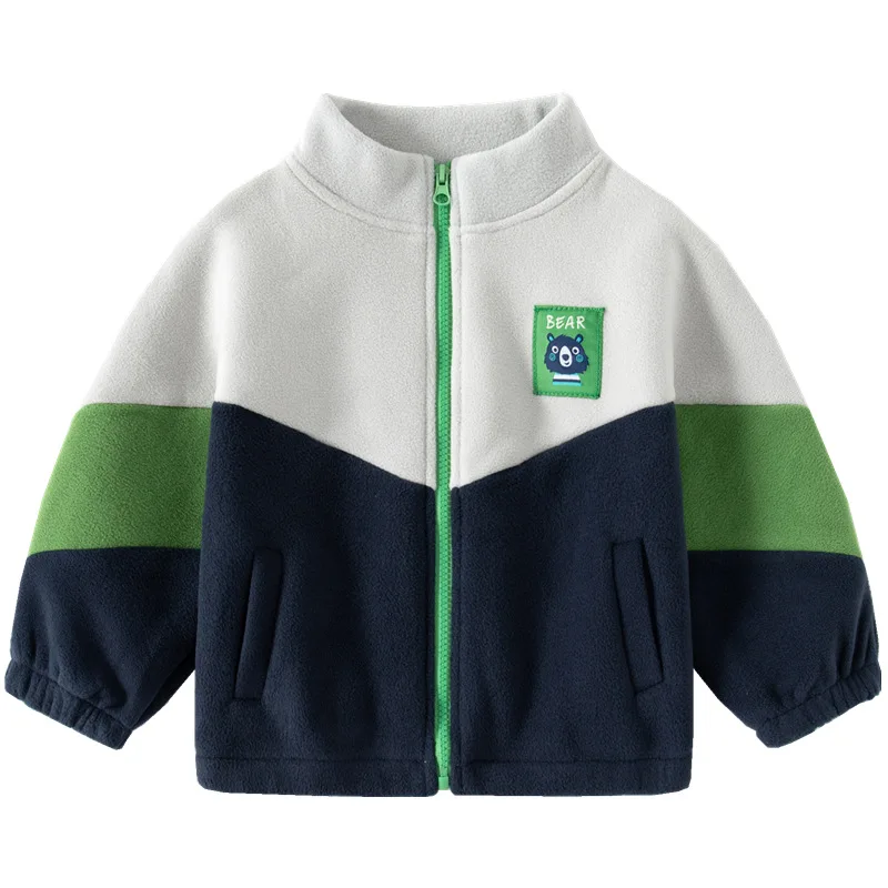 2024 New Spring Autumn Kids\' Casual Fleece Jacket for Boys Children\'s Thick Color-Block Zipper Sweatshirts Suitable for Ages 3-8