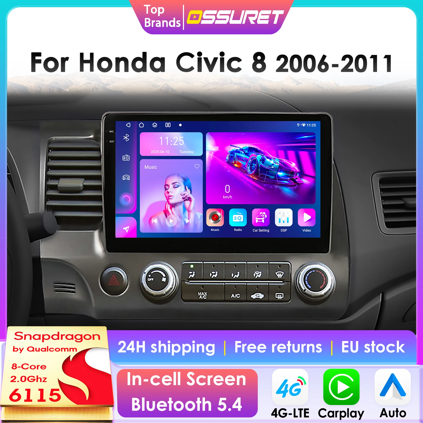 Autoradio Android 14 2Din con Telecamera 360° per Honda Civic 8 2006-2011, Lettore Multimediale con Schermo Intelligente, Carplay 6115