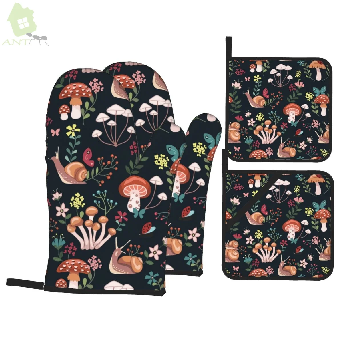 

Mushrooms Snails Butterflies Oven Mitts and Pot Holders Sets of 4 High Heat Resistant Oven Mitts with Oven Gloves and Hot Pads