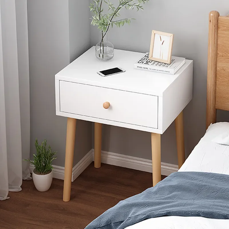 Modern Nightstand with Drawer, Bedside Table with Solid Wood Legs, Adorable End Side Practical Table with Open Storage Shelf