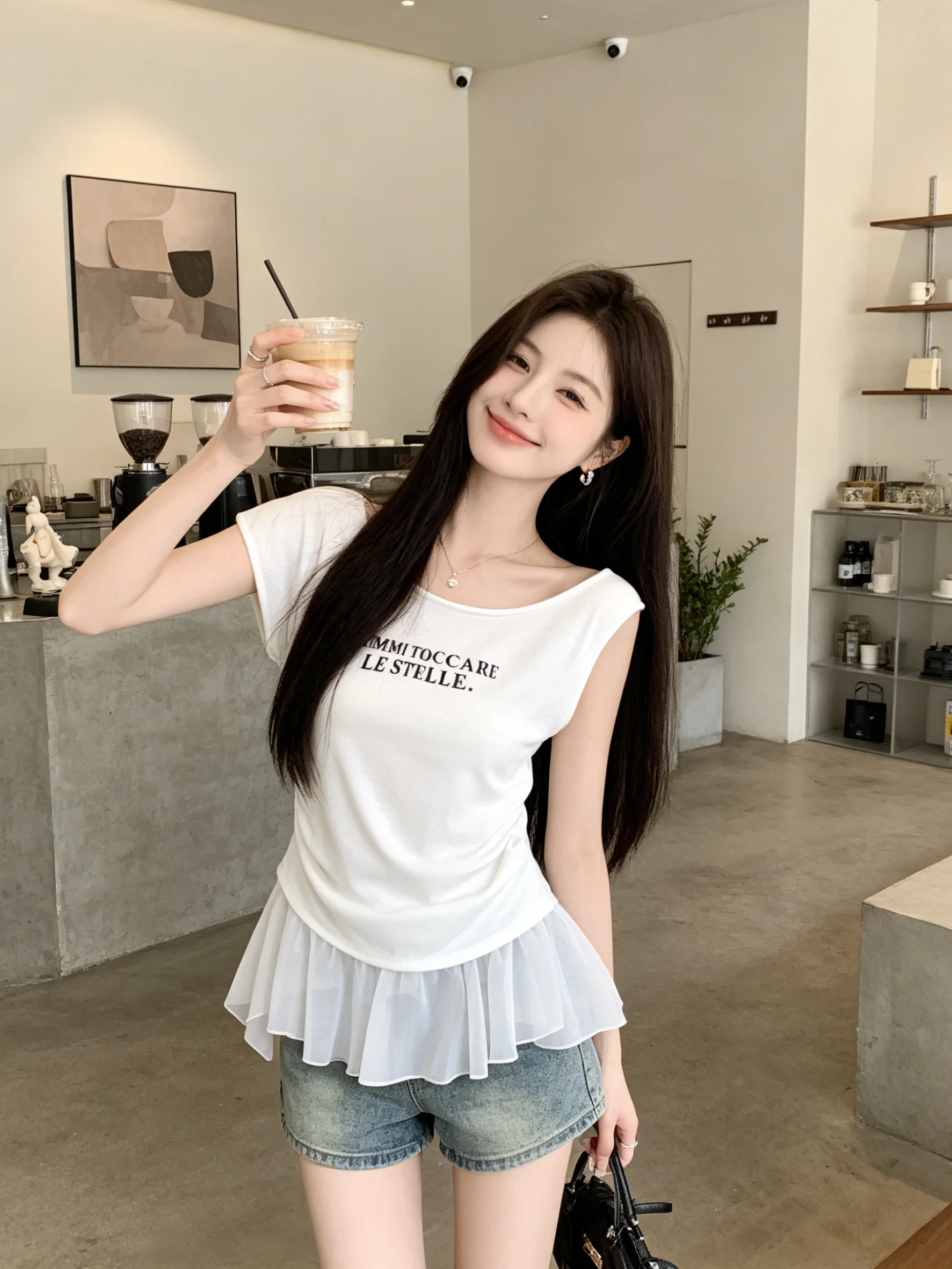 韓国スタイル半袖-tシャツレタープリントスリムフィット夏新作バレエスタイルフリルエッジスプライスショートトップレディースファッション