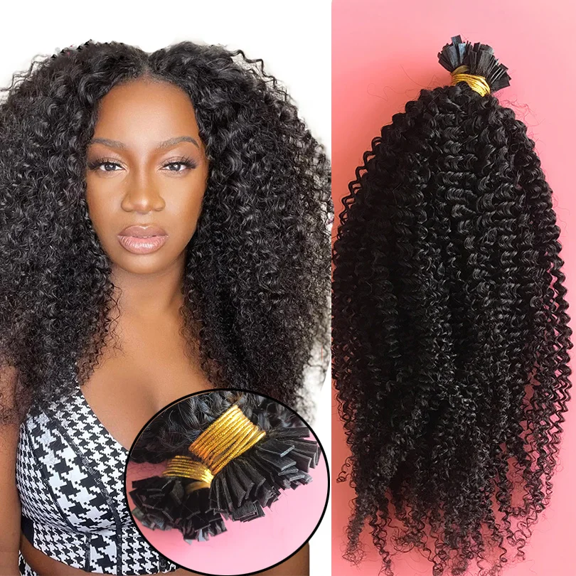 Peruvian Afro Kinky Curly Flat Tip In Human Hair Extensions Natural Pre Bonded Nail Tip Fusion Hair Extension For Women