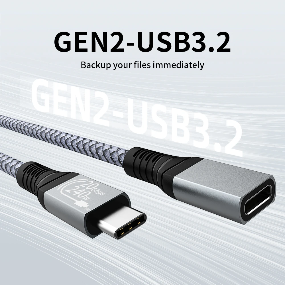 240W USB C Extension Cable Audio/Video 4K@60HZ Type-C Male To Female Extender Cable For Macbook Pro Air 20Gbps USB Data Cable 3M