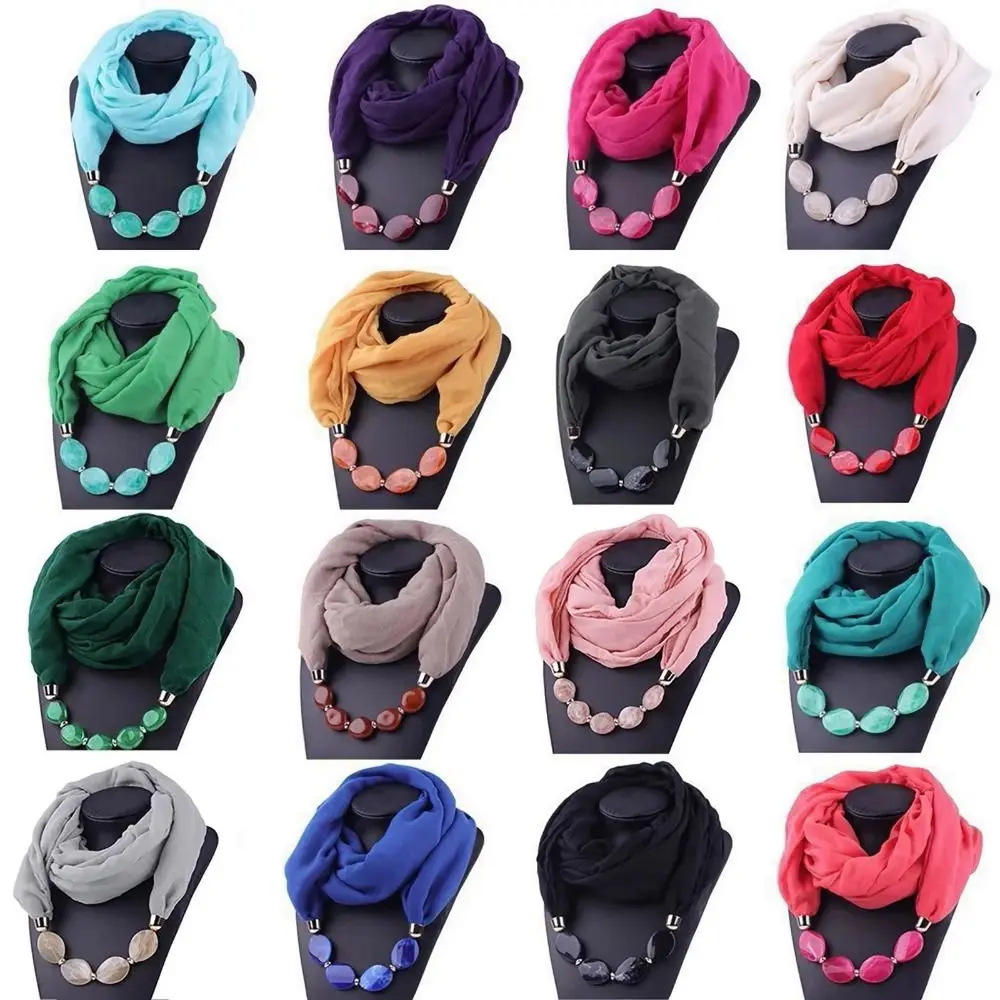 1Pcs Ethnic Women Scarf Resin Pendant Beaded Necklace Scarf Cotton Linen Head Scarves Costume Bead Decoration Accessories